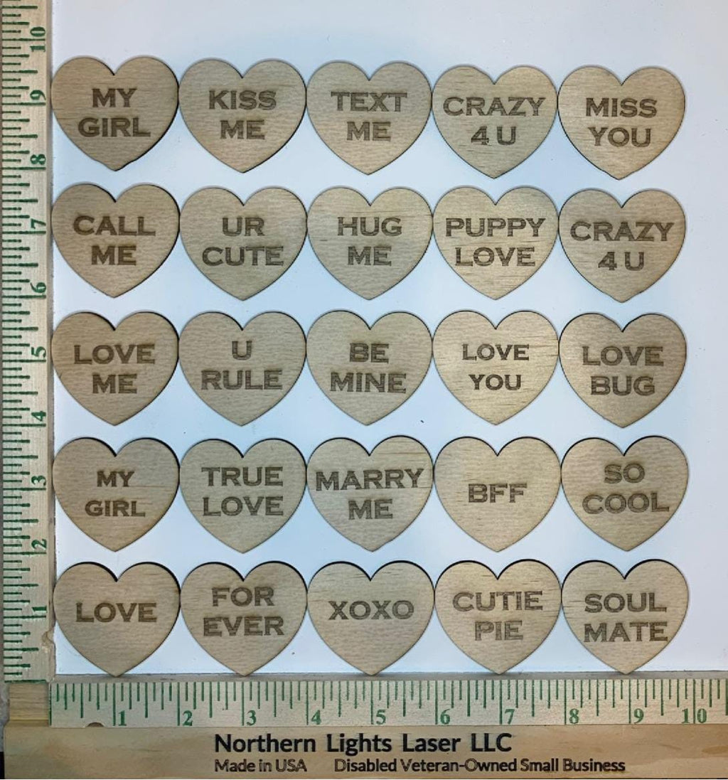 25 Conversation Hearts - Wood blanks - Laser Cut - Valentine's Day Decor - DYI - Birch -Made in USA - Northern Lights Laser LLC