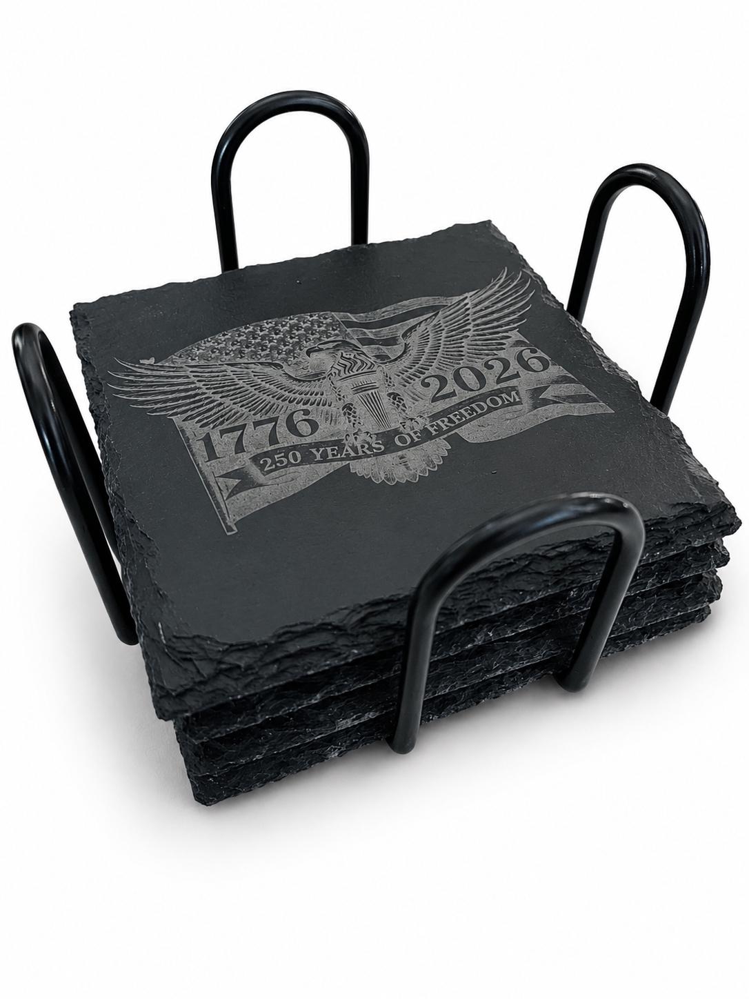 America 250 Slate Coaster Set with Caddy | Patriotic Drink Coasters | USA 250th Anniversary Decor | Patriotic Barware | Set of 4