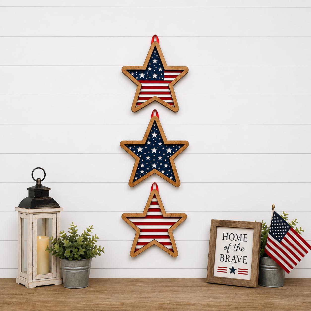Stars & Stripes Wooden Wall Decor Set | Set of 3 | Layered Americana Stars | Hanging Wall Decor | Rustic Farmhouse Fourth of July Decor