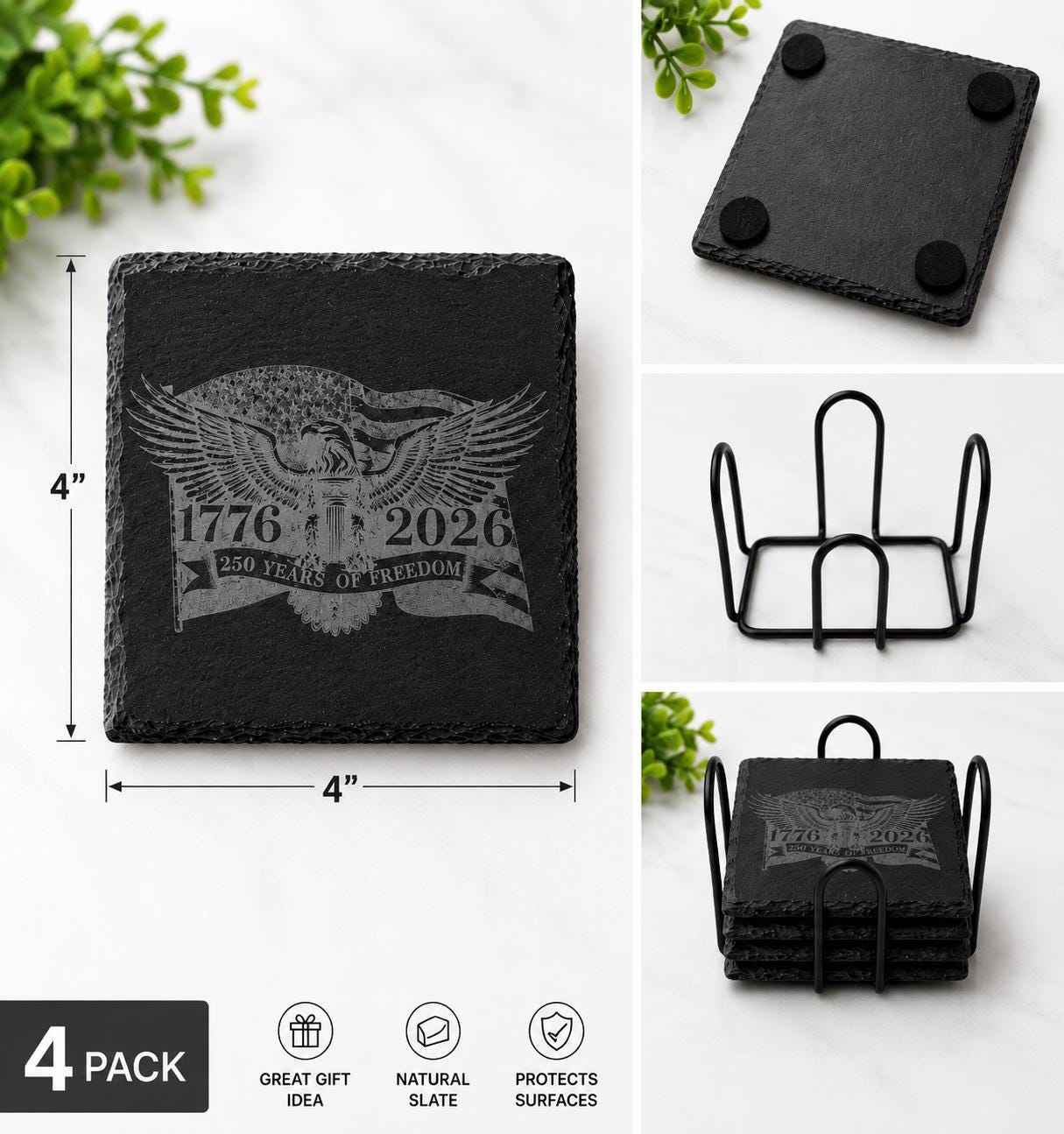America 250 Slate Coaster Set with Caddy | Patriotic Drink Coasters | USA 250th Anniversary Decor | Patriotic Barware | Set of 4