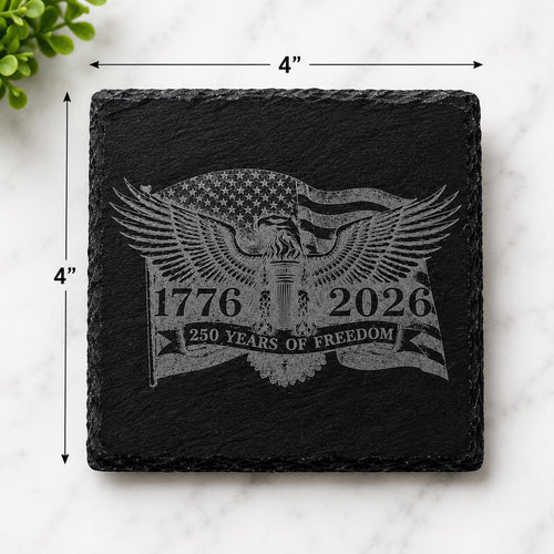 America 250 Slate Coaster Set with Caddy | Patriotic Drink Coasters | USA 250th Anniversary Decor | Patriotic Barware | Set of 4